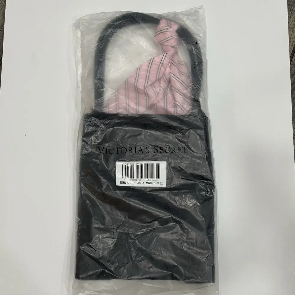 Victoria’s Secret Tote & Scarf Set Black V Logo Pink Accent Bag NWT